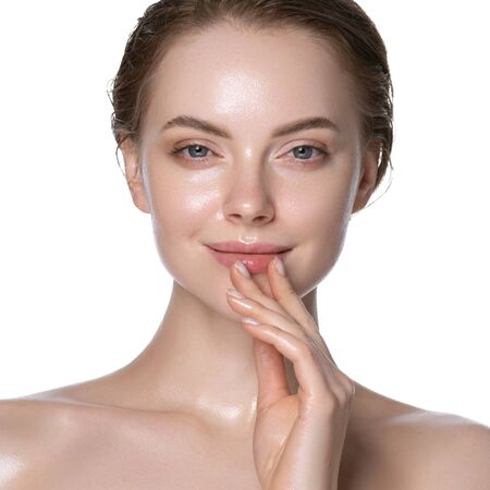 Hydration skin woman beauty healthy clean skin face beautiful model neck and shoulders isolated on white. Studio shot.の写真素材