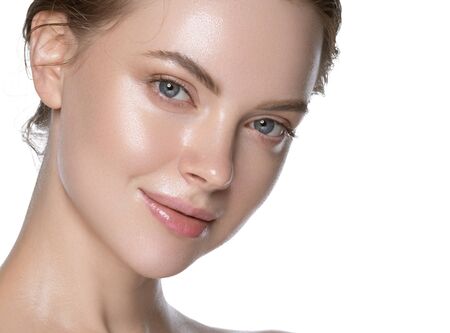 Hydration skin woman beauty healthy clean skin face beautiful model neck and shoulders isolated on white. Studio shot.の写真素材