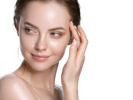 Hydration skin woman beauty healthy clean skin face beautiful model neck and shoulders isolated on white. Studio shot.の写真素材