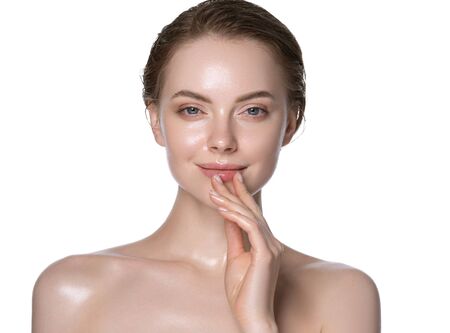 Hydration skin woman beauty healthy clean skin face beautiful model neck and shoulders isolated on white. Studio shot.の写真素材