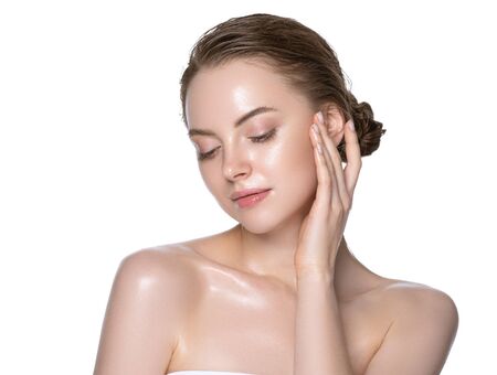 Hydration skin woman beauty healthy clean skin face beautiful model neck and shoulders isolated on white. Studio shot.の写真素材