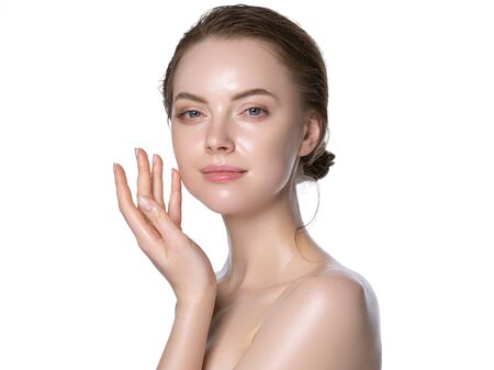 Hydration skin woman beauty healthy clean skin face beautiful model neck and shoulders isolated on white. Studio shot.の写真素材