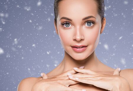 Winter Skin care woman beauty face healthy face skin cosmetic model emotional andhappy. Studio shot.の写真素材