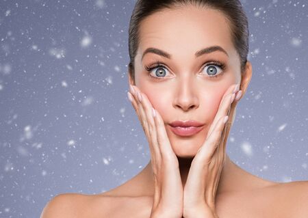 Winter Skin care woman beauty face healthy face skin cosmetic model emotional andhappy. Studio shot.の写真素材