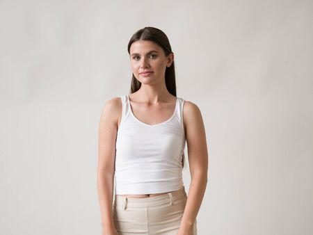 Woman casual portrait brunette female long hair natural make upの写真素材