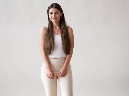 Woman casual portrait brunette female long hair natural make upの写真素材