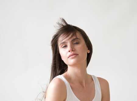 Woman casual portrait brunette female long hair natural make upの写真素材