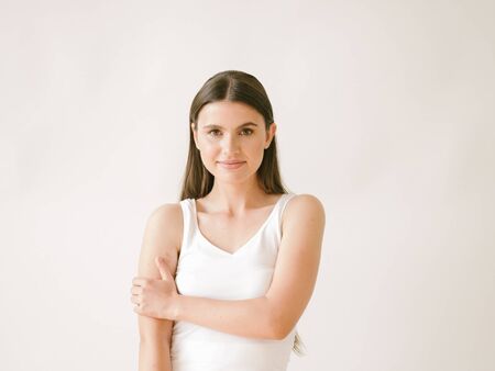 Woman casual portrait brunette female long hair natural make upの写真素材