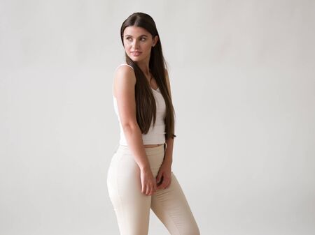 Woman casual portrait brunette female long hair natural make upの写真素材