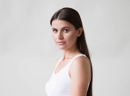 Woman casual portrait brunette female long hair natural make upの写真素材