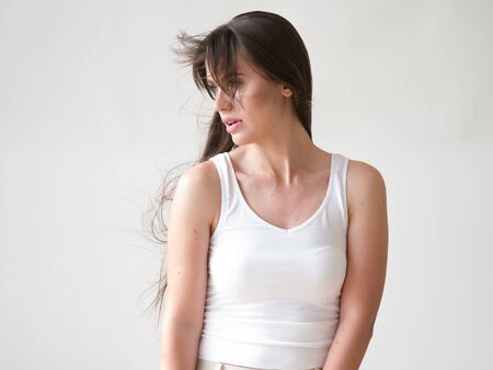 Woman casual portrait brunette female long hair natural make upの写真素材