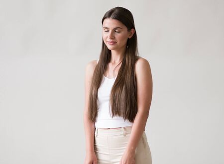 Woman casual portrait brunette female long hair natural make upの写真素材