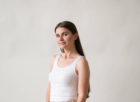 Woman casual portrait brunette female long hair natural make upの写真素材