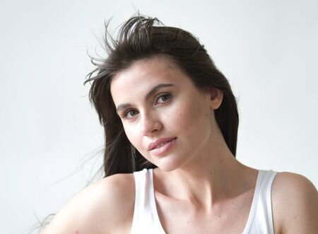 Woman casual portrait brunette female long hair natural make upの写真素材
