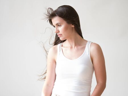 Woman casual portrait brunette female long hair natural make upの写真素材