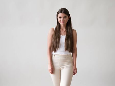 Woman casual portrait brunette female long hair natural make upの写真素材