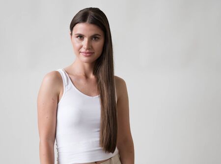 Woman casual portrait brunette female long hair natural make upの写真素材