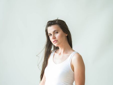 Woman casual portrait brunette female long hair natural make upの写真素材