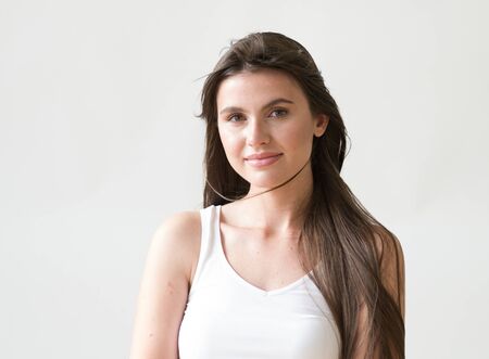 Woman casual portrait brunette female long hair natural make upの写真素材