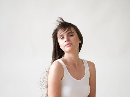 Woman casual portrait brunette female long hair natural make upの写真素材