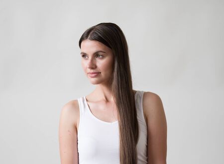 Woman casual portrait brunette female long hair natural make upの写真素材