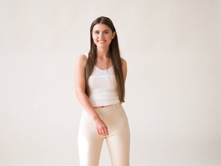 Woman casual portrait brunette female long hair natural make upの写真素材