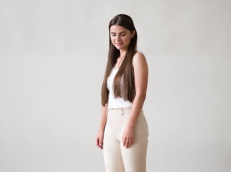 Woman casual portrait brunette female long hair natural make upの写真素材