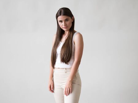 Woman casual portrait brunette female long hair natural make upの写真素材
