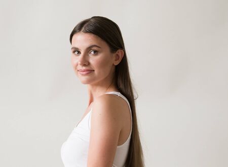 Woman casual portrait brunette female long hair natural make upの写真素材