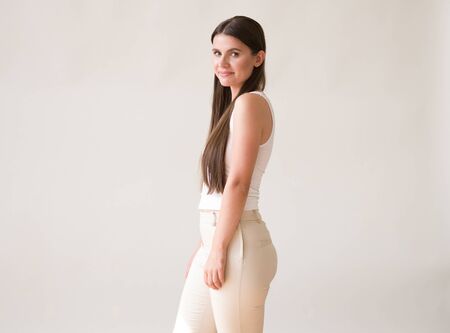 Woman casual portrait brunette female long hair natural make upの写真素材