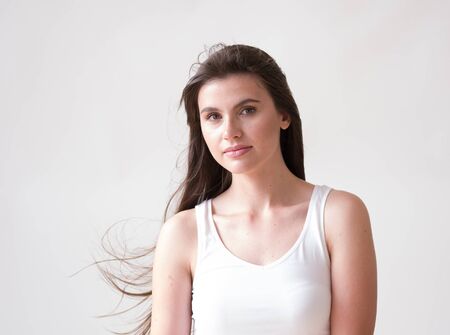 Woman casual portrait brunette female long hair natural make upの写真素材