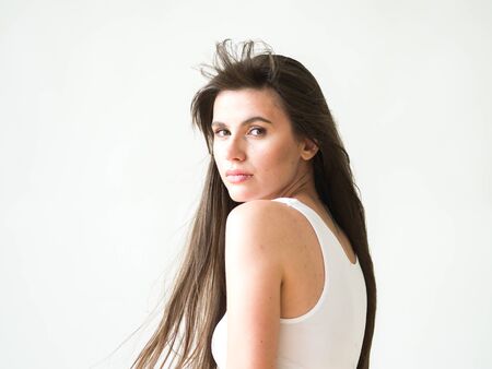 Woman casual portrait brunette female long hair natural make upの写真素材