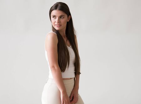 Woman casual portrait brunette female long hair natural make upの写真素材