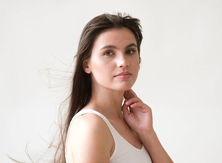 Woman casual portrait brunette female long hair natural make upの写真素材