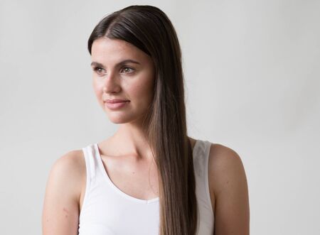 Woman casual portrait brunette female long hair natural make upの写真素材