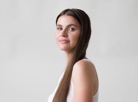 Woman casual portrait brunette female long hair natural make upの写真素材