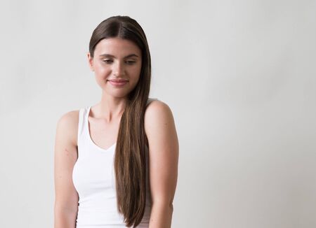 Woman casual portrait brunette female long hair natural make upの写真素材