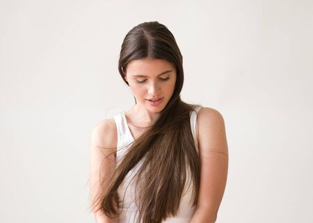 Woman casual portrait brunette female long hair natural make upの写真素材