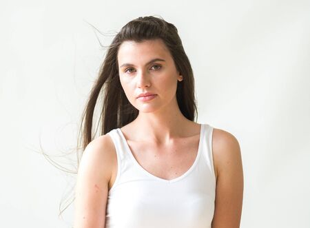 Woman casual portrait brunette female long hair natural make upの写真素材