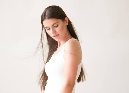 Woman casual portrait brunette female long hair natural make upの写真素材
