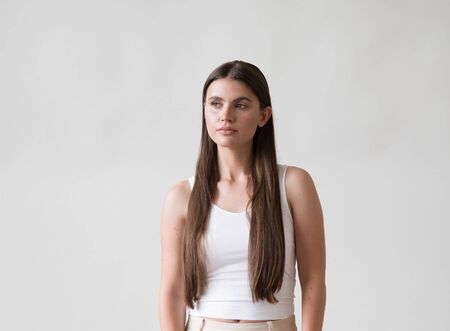 Woman casual portrait brunette female long hair natural make upの写真素材