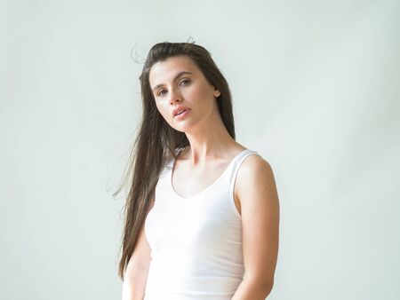 Woman casual portrait brunette female long hair natural make upの写真素材