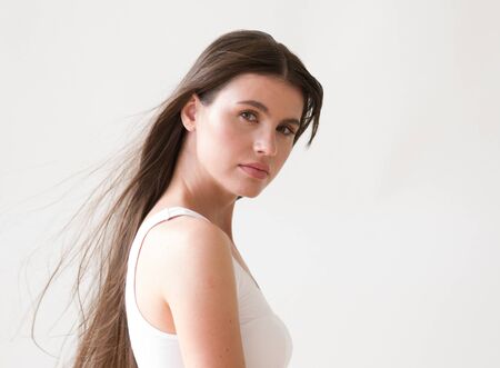 Woman casual portrait brunette female long hair natural make upの写真素材