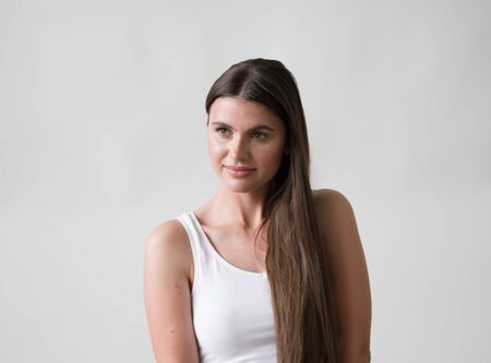Woman casual portrait brunette female long hair natural make upの写真素材