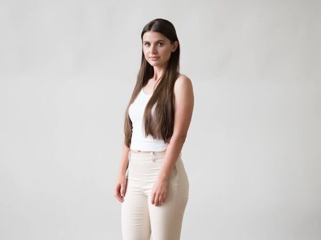 Woman casual portrait brunette female long hair natural make upの写真素材