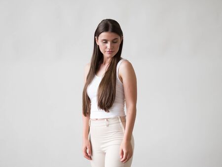 Woman casual portrait brunette female long hair natural make upの写真素材