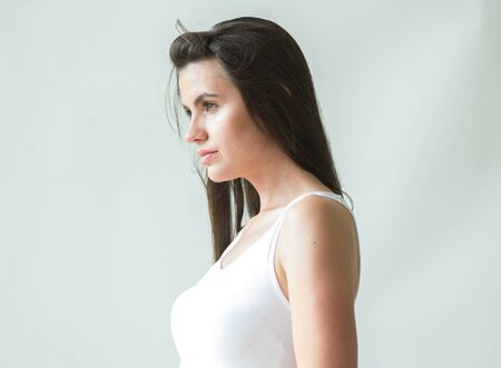 Woman casual portrait brunette female long hair natural make upの写真素材