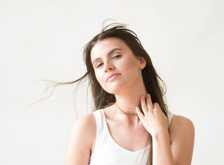 Woman casual portrait brunette female long hair natural make upの写真素材