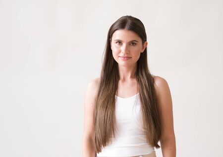 Woman casual portrait brunette female long hair natural make upの写真素材