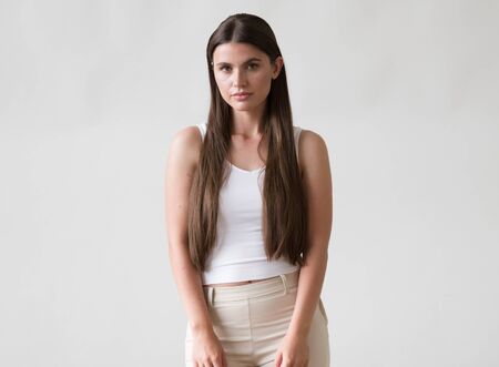 Woman casual portrait brunette female long hair natural make upの写真素材
